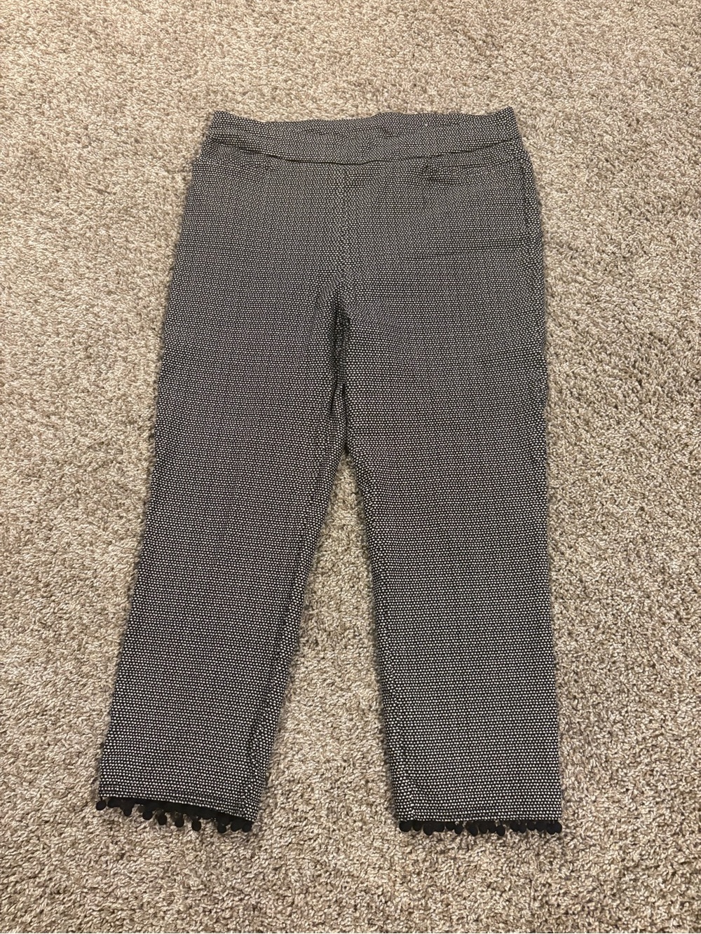 Chico's Black & White Textured Capri Pants with Fringe Hem